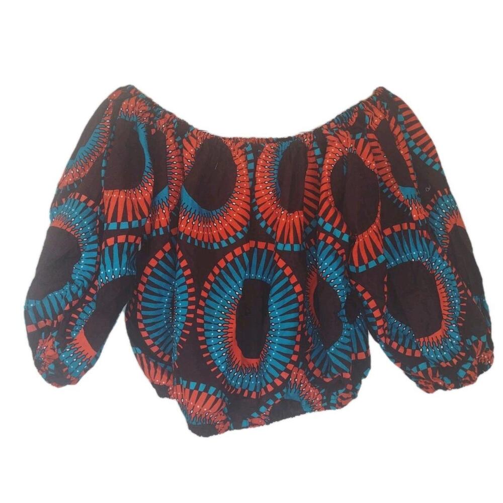 Handmade African Wax Print Off Shoulder Crop Top Super Java Boho Peasant - Picture 3 of 5